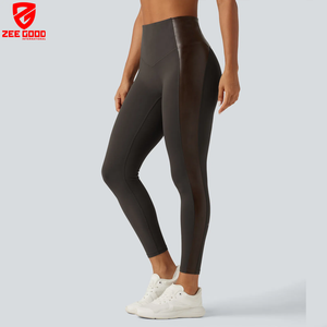 Leggings de sport en similicuir avec logo personnalisé, haute qualité, compression, polyester, élasthanne, taille haute, poche zippée - Product Image 1