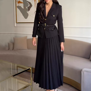 Abito gonna lunga con temperamento alla moda da <span class=keywords><strong>donna</strong></span> Plus Size manica lunga nuovo Blazer tinta unita con risvolto plissettato stampato Set 2 pezzi - Product Image 3