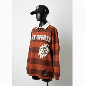Camiseta de Rugby para Mujer, 240 GSM, Mezcla de Algodón y Poliéster, Diseño de Paneles a Rayas Marrón y Naranja, Logotipo Personalizado Bordado - Product Image 4
