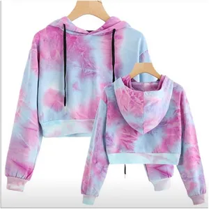 2024 Girl Tie Dye Cropped Pullover Hoodie Women's Long Sleeve Tie-dye Print Crop Top Hoodie long cut hoodies