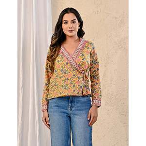 Blusa Elegante Amarilla para Mujer con Estampado Jaal, Cuello Asimétrico, Decoración Lateral con Bordado Dori, Tela Popelina, Corte Holgado, Talla XL, para Oficina - Product Image 3