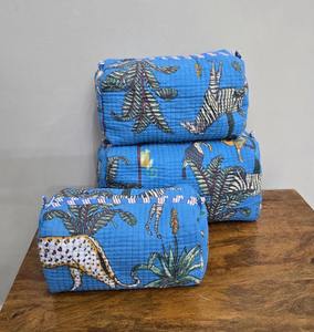 3 Piece Quilted Eco-Friendly Cotton Case <b>Zipper</b> Closure Block Print Design Large Vintage Water Resistant Durable Makeup <b>Bag</b> - Product Image 1