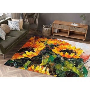 Tapis rond à motif tournesol : Tapis à accents floraux, tapis antidérapant, tapis doux non tissé - Product Image 2