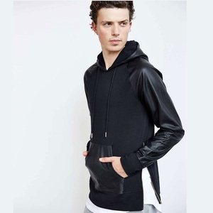 Men's Custom Black Color Leather Sleeves <b>Hoodie</b> Winter Casual Hot Sale Breathable Winter Workout <b>Gym</b> Sports Hooded for Boys - Product Image 4