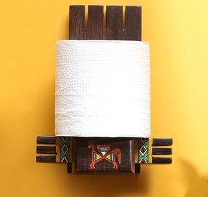 Vibrantly Warli Cross Joint Hand Dispensador de rollos de papel higiénico Sheesham Wood Soporte de papel higiénico montado en la pared para Baño - Product Image 2
