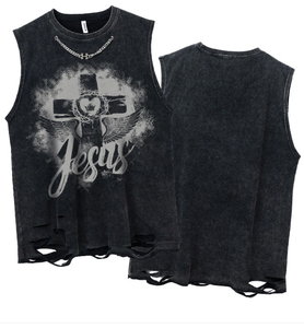High Street Wash Cut Vest Wholesales Graphic Men Sleeveless <b>Tshirt</b> 100% Cotton Sport Gym Acid Tank Top - Product Image 5