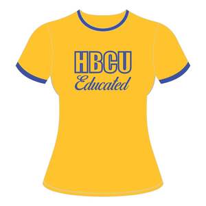 HBCU mujeres educadas Chenille contraste Trim Ringer camiseta oro bordadas con letras azules algodón colegiado hermandad camiseta - Product Image 2