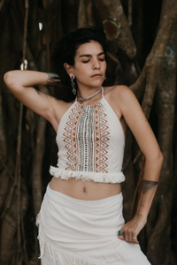 Tribal <b>Crop</b> <b>Top</b> 100% Cotton Hand Block Print and <b>Fringes</b> Halter Collar Casual Short Length Breathable Knitted Fabric - Product Image 3