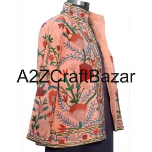 Women's Handmade Knitted Floral Suzani Embroidery Ruffles Cotton V-neck Short Bomber Jacket Vintage Boho Winter Wear Wholesale - Product Image 4