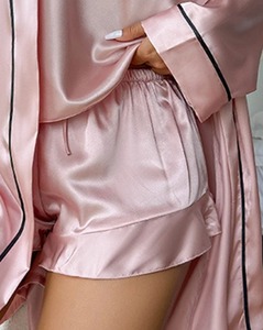 Women Home Three Piece Set 2024 V-<b>Neck</b> Spaghetti StrapTops Ruffle Hem Drawstring Short Cami Set with <b>Tied</b> Detail Open Front Robe - Product Image 5