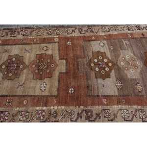 Vintage Area Rug 4.4x8.9 ft, Turkish <b>Brown</b> Floral <b>Wool</b> Rug - Product Image 4