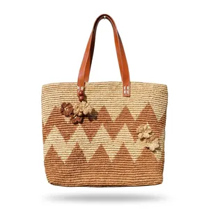 Sac fourre-tout en raphia fait main avec logo personnalisé, motif chevron, style bohème, dessus ouvert, doublure en coton - Taille moyenne pour la plage, les vacances et les voyages - Product Image 5