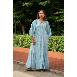 Cotton Midi <b>Dress</b> Stripe Hand Block Print <b>Boho</b> <b>Summer</b> Sundress Pockets Artisan Style Beach Vacation Wear for Day Leisure - Product Image 4
