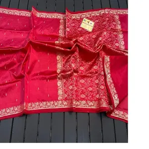 custom made brocade silk sarees in dark red colour and borders ideal for saree stores and fashion designers for resale