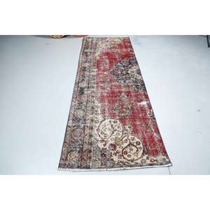 Turkish Vintage Rug 3x8.4 ft, <b>Red</b> <b>Runner</b> Floral Wool Rug - Product Image 3