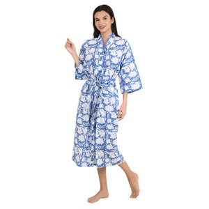 Boho-Kimono Style Lightweight Cotton Housecoat with Hand-Drawn Indian Floral Print 1-Piece - Product Image 6