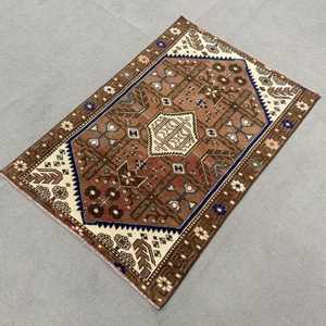 Vintage 2.7x4 ft Rug, Small Turkish Rug, <b>Brown</b> Bordered <b>Wool</b> Rug - Product Image 2