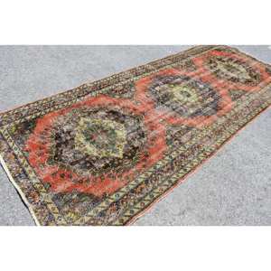 Vintage <b>Red</b> Turkish Wool Rug 48 X 119 ft Traditional Style Patchwork Pattern Beige Accents 10mm Thickness Large Area <b>Latex</b> - Product Image 2