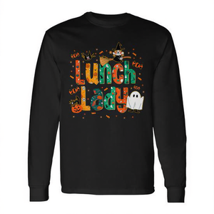 <b>Halloween</b> Lunch <b>Lady</b> Long Sleeve <b>T</b>-<b>Shirt</b> Spooky Cafeteria Design Unisex Adult Crew Neck Digital Printing - Product Image 2