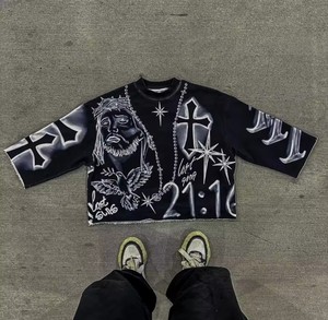 Camiseta retro con gráfico de peso pesado OEM personalizada para hombre, camiseta informal lavada con cuello redondo estilo Hip Hop callejero, camiseta Harajuku Y2K - Product Image 5