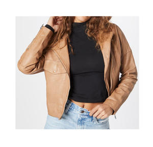 เสื้อแจ็กเก็ตยีนส์หนังแท้สำหรับผู้หญิงเสื้อเบลเซอร์มีซิปกระเป๋าขนาด XL มีปกสีน้ำตาลผ้าฝ้ายแท้ออกแบบได้ตามต้องการ - Product Image 2