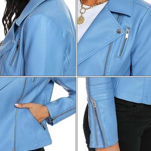 Chaqueta de cuero azul personalizada para mujer, chaqueta informal corta ajustada, ropa de calle, prendas de vestir de gran tamaño, algodón sólido teñido liso crudo - Product Image 6