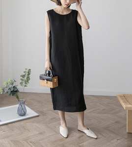 ชุดเดรสมิดิวินเทจของผู้หญิงชุดผ้าลินิน100% เข้ารูปคอแบบสั่งตัดได้ผ้าทอแขนกุดตรงแขนกุดผ้าทอลวดลายธรรมชาติที่ทันสมัย - Product Image 1