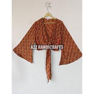 เสื้อครอปสตรีทรงกระดิ่งผูกเน็คไทเสื้อลายดอกไม้วินเทจลำลองของผู้หญิงเสื้อคอวีลึกเสื้อผ้าไหมทอสวมใส่ในฤดูร้อน - Product Image 2