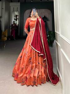 Vêtements ethniques à la mode les plus tendances fantaisie soie Tussar Lehenga Choli & Dupatta avec travail imprimé vente entière approvisionnement d'usine - Product Image 5