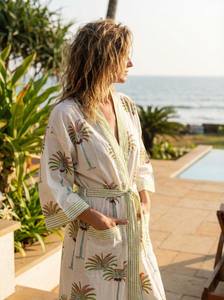 Hand Block Print Palm Tree Cotton Kimono Robe For <b>Women</b> Green Trim Indian Cotton <b>Dressing</b> <b>Gown</b> <b>Lightweight</b> Lounge Bathrobe - Product Image 5