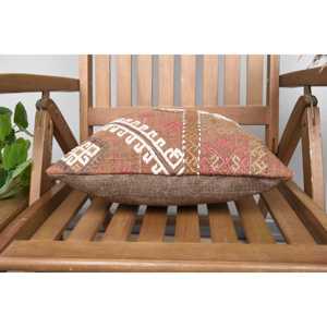 Kilim de lana marrón de 14x14 pulgadas Cojín de lujo tejido con hojas de patrón vintage Plantas esponjosas y diseño inspirado en la cocina - Product Image 5