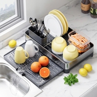 WIREKING Égouttoir à vaisselle en acier inoxydable 304 extensible et réglable avec bac de récupération pour cuisine, comptoir et usage quotidien