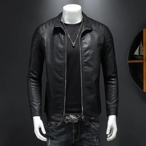 Chaqueta de cuero para hombre, ropa de calle para motocicleta, bombardero de béisbol para exteriores, cazadora informal de invierno, prendas de vestir, cuello levantado teñido liso - Product Image 1