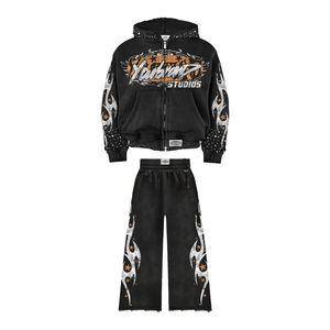 2025, venta al por mayor, chándal, trajes para correr, mujer, 100% algodón, sudadera con cremallera y pantalones de chándal acampanados, sudaderas con capucha para hombre desgastadas para niños - Product Image 5