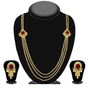 Soha Fashion <b>Gold</b> Plated Maroon Stone Necklace <b>Set</b> Adjustable Alloy Metal Ethnic Religious Beading Pattern with Pearl Gift - Product Image 1