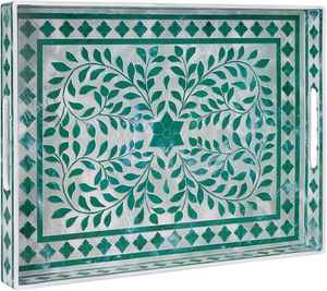 Bandeja de decoración con incrustaciones de hueso, bandeja para servir en el hogar, resina, madera, mármol, plástico, ratán, perla, faizacraft - Product Image 1