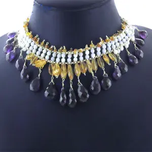 Bohemian Vintage Gemstone Beaded <b>Necklace</b> Purple & Yellow Beads with Garnet Agate Turquoise Pearl & Jade Gift <b>Boho</b> Chains Style - Product Image 2