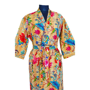Kimono Tradicional Ecológico, Suave y Colorido, 100% Algodón, con Cuello en V, Largo, para Mujer, Estilo Kantha, Tela Étnica Vintage para Invierno - Product Image 3