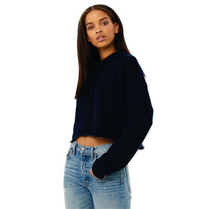 Sudadera con capucha de lana recortada para mujer Dobladillo crudo Hombro caído 52% Airlume Peinado y algodón hilado en anillo 48% Poly Navy Pullover Style - Product Image 2