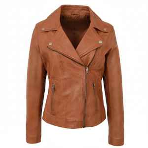 Chaqueta Bomber de Cuero Genuino Color Bronceado para Mujer, Cierre Asimétrico, Forro de Algodón Ecológico, Prenda Exterior Suave para Invierno - Product Image 1