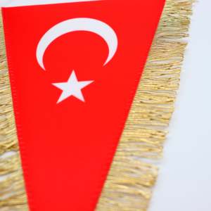 Digital Print Crystal Satin Double Sided Triangle Cut Gold Fringed Trkiye Flag <b>Banner</b> - Product Image 2