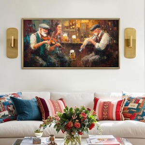 Dublin Pub Performance con Fiddler Pintura en lienzo grande para pared Escena popular irlandesa en textura de aceite a la luz de las velas Listo para colgar - Product Image 3