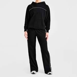 High Demand Custom Logo <b>Black</b> <b>Hoodie</b> & Jogger With Piping Two Piece Women's Tracksuits Breathable Sportswear Women Sweat Suits - Product Image 1