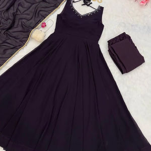 Ensemble de robe Anarkali noir léger pour femmes pantalon Dupatta miroir dentelle travail bordure Style traditionnel tissu Georgette pour les fêtes - Product Image 1