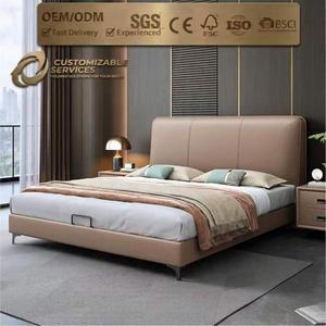 Lit plateforme <span class=keywords><strong>à</strong></span> cadre étroit style crème, minimaliste italien, revêtu de cuir véritable, taille Queen, structure KD - Product Image 5