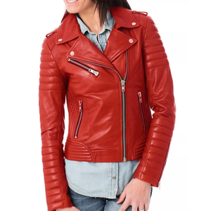 Nuevo diseño Biker Style 100% Pure Lambskin Leather Chaqueta de motocicleta Abrigo Biker Style Red Moto Jacket para mujer - Product Image 1