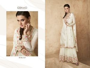 Tissu de robe de créateur Sharara de couleur jaune, collection de robes de mariée pakistanaises de créateur, costume Sharara avec longue kameez 2022 - Product Image 3