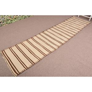 Vintage Rug, Runner 2.5x10 ft Turkish Rug, <b>Brown</b> White Striped <b>Wool</b> Rug - Product Image 2