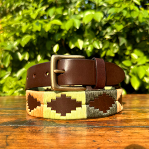 Ceinture Polo Unisexe Moutarde/Vert Foncé Boucle 100% Laiton Massif Qualité Premium Cuir de Buffle Durable Longueur Personnalisée 35MM - Product Image 1