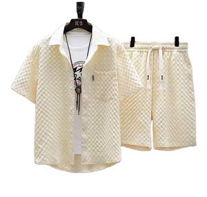 Ensemble chemise et short décontracté d'été pour homme, uni, avec boutons et poches, vêtements de sport pour homme, tissage - Product Image 3